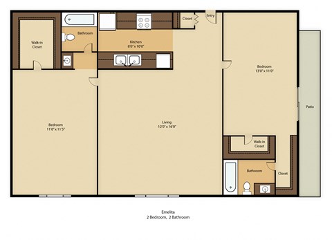 Floor plan for 2 beds, 2 baths, 900 sqft